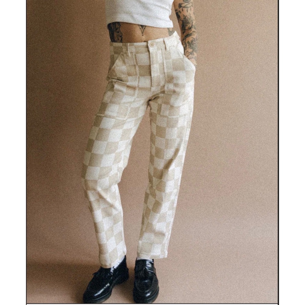 P&CO Checkerboard Utility Pants Womens UK 6 Tan Cream High Waisted Straight Leg